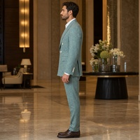 Costume Homme Vert Sauge Croisé à Revers Larges Boutons Blancs Poches à Rabat Costumes d'Affaires Mariage Marié Sur Mesure MTM