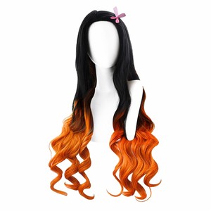 <span class=keywords><strong>Perruque</strong></span> de cosplay <span class=keywords><strong>Nezuko</strong></span> pour femmes, noire et orange ombrée, extra longue, longueur mi-taille, ondulations lâches avec reflets coucher de soleil et teinte ombrée dorée - Product Image 2