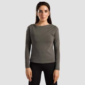 ASymmetric Dull Grey Yoga <b>Top</b> Breathable Modal Spandex Plus Size Fitness Sportswear Simple Fashion Design with Front Logo Print - Product Image 1