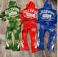 Trajes de sudor de lavado ácido, ropa de calle urbana de algodón para hombres, conjunto de otoño, apliques con cremallera gruesa, parche bordado, chándales completos acampanados