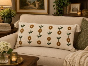 Boho <b>Mustard</b> Floral Embroidered Cotton Lumbar Cushion Cover Artisan Long <b>Throw</b> Pillow Sham with Corner Tassels for Bedding Decor - Product Image 1