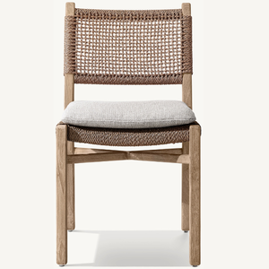 Silla individual de madera de teca con detalles de ratán sin brazos para uso en exteriores, como en el jardín o en la terraza. - Product Image 6