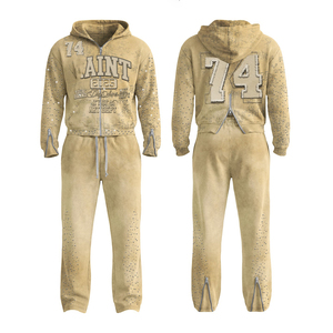 ชุดฮู้ดดี้ปักลายโลโก้แบบวินเทจสไตล์ดิสเทรส ประดับด้วยคริสตัล ล้างสีแบบแอซิดวอช สไตล์ซันเฟด ทรงโอเวอร์ไซส์ สำหรับผู้ชาย - Product Image 1