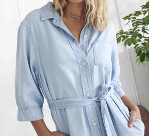 Stunning Summer Denim Cotton Women's Maxi A-Line Casual Dress Functional Button Front Collar Front Patch <b>Pocket</b> Curved Hemline - Product Image 2