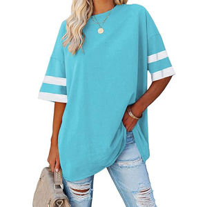 T-shirt surdimensionné à demi-manches et col rond pour femmes bleu ciel coupe ample respirant toile broderie décoration Style d'impression décontracté - Product Image 3