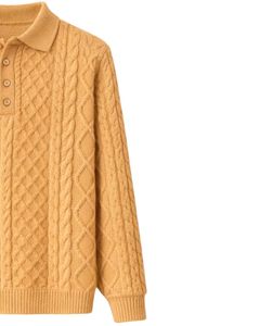 Manufacturer Mens Mustard Yellow Wool <b>Cable</b> <b>Knit</b> Polo <b>Sweater</b> Long Sleeve Button Neck Winter Warm Classic Casual Pullover - Product Image 4