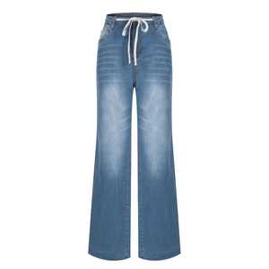 Jeans Anchos de Talle Alto para Mujer, Estilo Recto, Transpirables, de Mezclilla Lavada, Tejido Sólido - Product Image 1