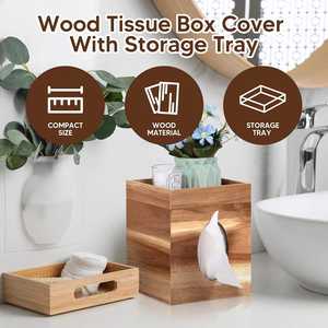Cubierta de caja de pañuelos de madera con bandeja de almacenamiento, soporte cuadrado para Baño, Dormitorio, oficina o cena de boda, uso de mesa - Product Image 4