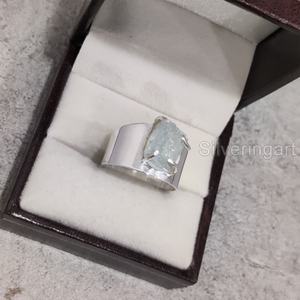 Bague pour femme en argent sterling 925 avec pierre brute authentique d'aigue-marine, style vintage large, bijou de Noël - Product Image 4