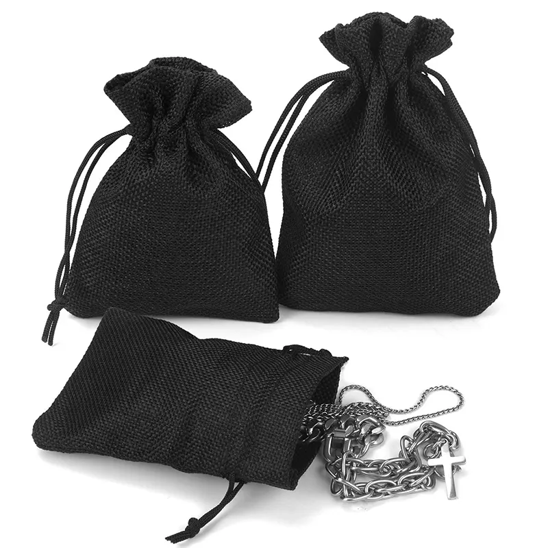Hot Sale 4x5inch Small Black Jute Linen Drawstring Gift Bags For Packaging Makeup Organizer