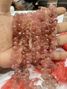 Natural Pink Strawberry Quartz Faceted Briolette Teardrops 8 Inch Strand Size 5-7mm Approx <b>Cushion</b> Cut Gemstone Loose Gemstones - Product Image 4