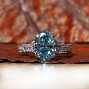 Bague de fiançailles pour femme en or blanc 14 carats avec diamant bleu fantaisie ovale de 2,5 carats cultivé en laboratoire, certifié IGI, clarté VS, style bohème CVD - Product Image 1