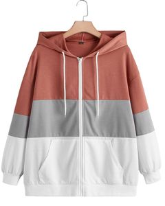 Brown <b>Grey</b> White Colorblock Zip Up <b>Hoodie</b> With Front Pockets Casual Unisex Soft Warm Fleece Streetwear Fashion Jacket - Product Image 4