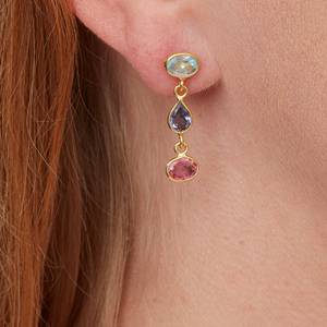 Antique 925 Sterling <b>Silver</b> Handmade Gold Plated Cute Wedding Earrings Bezel Setting Natural Multi-Colored Tourmaline Gift - Product Image 2