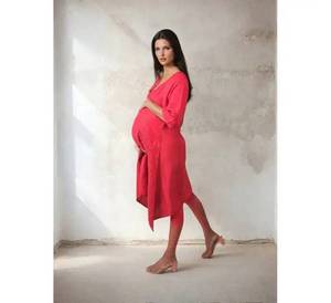 Casual mujer rojo Midi longitud cuello en V vestido Spandex algodón Digital impreso mangas tejidas ecológicas con Natural - Product Image 1