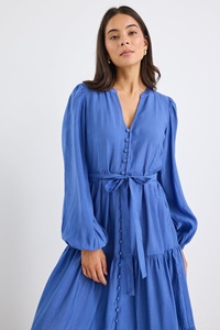 2025 azul de manga larga con cuello en V para mujer Maxi vestido bohemio 100% tela de rayón hasta el tobillo Casual Maxi vestido para mujer - Product Image 3
