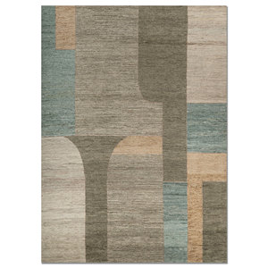 Alfombra Grande de Lana Anudada a Mano, Color Verde, Diseño Abstracto Re-1614, Rectangular, para Sala de Estar, Pasillo, Alfombra Tipo Rompecabezas - Product Image 1