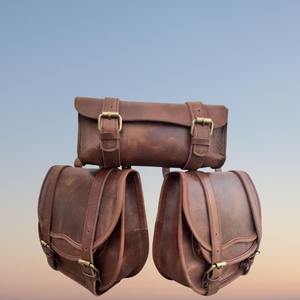 Bolsa de cuero personalizada para motocicleta, alforjas, bolsa de lona para viajes, regalo de Navidad, amantes de la bicicleta, venta de Cyber Monday, tres bolsas - Product Image 1