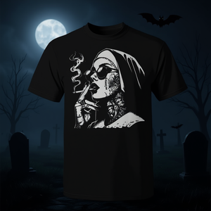 Camiseta de Terror Unholy Nun con Baphomet Satánico, Camiseta Promocional de Halloween de Terror Unholy Nun - Product Image 3