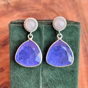 Handmade Natural Tanzanite & Moonstone <b>Dangle</b> <b>Earrings</b> 925 Sterling <b>Silver</b> Designer Jewelry for Women - Product Image 3