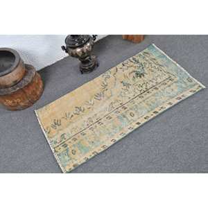 Alfombra de lana turca Vintage de 1,9x3,5 pies, tejido plano de retazos beige y azul para decoración de sala de estar con respaldo de látex - Product Image 2