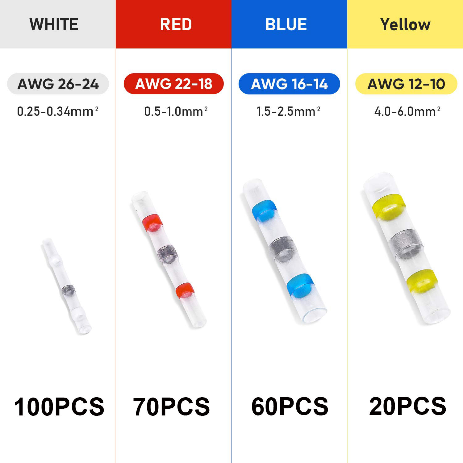 250pcs/bag(100white/70red/60blue/20yellow)