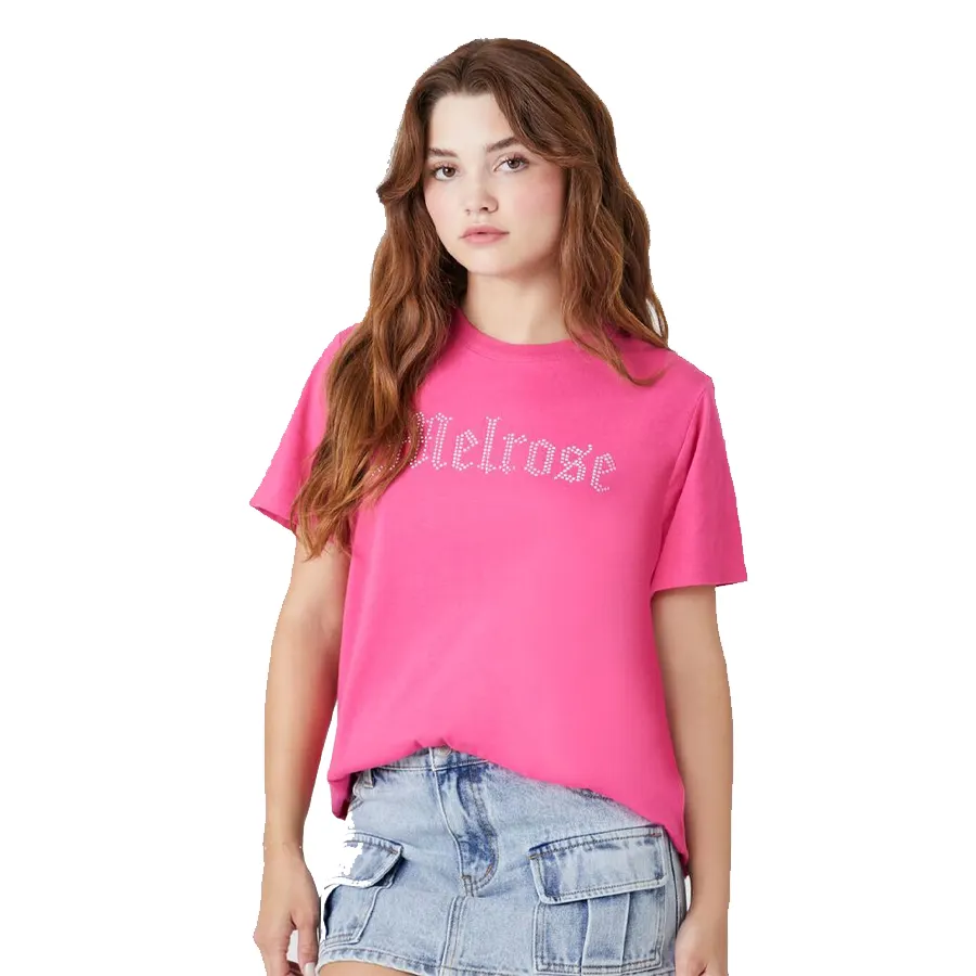 Wholesale Women 100% Cotton Regular Fit Pink Colour T Shirt With Rhinestones On Front For Sale In Cheap Rates