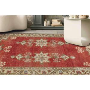 Alfombra roja étnica anatólica estampada: diseño turco vintage, alfombra delgada no tejida - Product Image 2