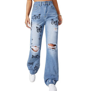 Vente en gros de jeans pour femmes denim stretch jeans déchirés pour femmes près du corps pleine longueur jeans papillon pour femmes - Product Image 4