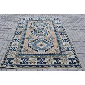Étnico 5,7 X 7.6ft Azul Beige Lana Poliéster Alfombra turca Hecho a mano Clásico Rectángulo Patchwork Diseño Respaldo de látex para la vida - Product Image 1