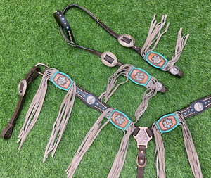 Original Argentina Beige Fringe Horse Headstall Pecho Collar Set Cuero Western Racing Arnés Parches - Product Image 2