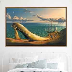 Lienzo Impreso: Escena Surrealista de Playa con Tacones Altos y Océano, Lienzo con Marco Dorado - Product Image 1