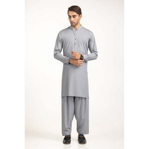 Salwar Kameez gris clair pour homme, élégant, brodé, sans plis, en tissu mélangé, tenue ethnique pakistanaise, vêtement décontracté, Sherwani - Product Image 4