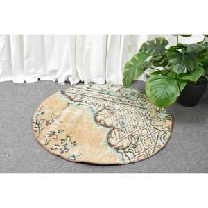 Turkish 2.3x2.3 ft Eco-Friendly Traditional <b>Wool</b> Rug Vintage Round Rug <b>Brown</b> Patchwork Latex Backing Rug - Product Image 2
