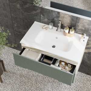 60cm <b>Suspended</b> Bathroom Cabinet in Ice Oak and Marseille Sage Green Bathroom <b>Sets</b> - Product Image 3