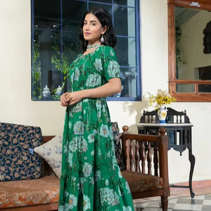 Main indienne bloc coton longue robe personnalisée mariée mariage lune de miel fête porter flore imprimer doux Style cadeau pour elle - Product Image 1