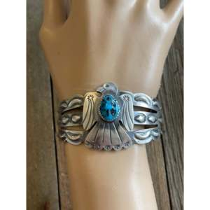 Tim Yazzie Kingman Turquoise & Sterling <b>Silver</b> Thunderbird <b>Cuff</b> <b>Bracelet</b> Fashionable Accessory - Product Image 2