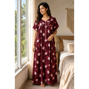 Evolove Women's Skin Friendly Digital Printed Front Zip <b>Long</b> Sleeve Neck Nightgown Dark Maroon Quick Dry 100% Cotton Sleepwear - Product Image 1