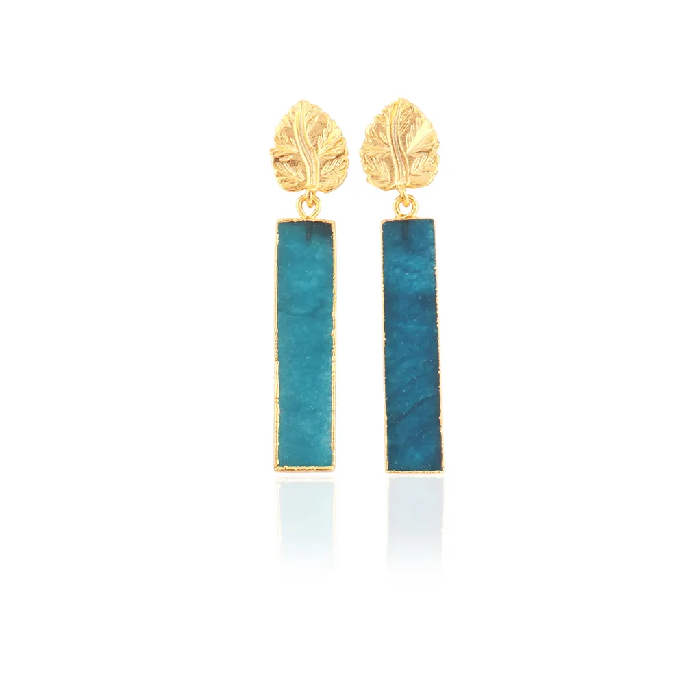 Fashion women jewelry bar shape apatite jade dangle earring brass 18k gold plated leaf design for women's wear stud drop earring