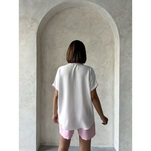 Blusa Elegante de Lino Rosa Crema con Diseño de Puntada de Pastor para Mujer - Product Image 1