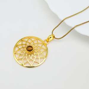New Fashion Pendant Boho Geometric Necklace Women Brass Mandala Jewelry 18k Gold Plated Tiger Eye Pendant For Wholesale/OEM/ODM - Product Image 3
