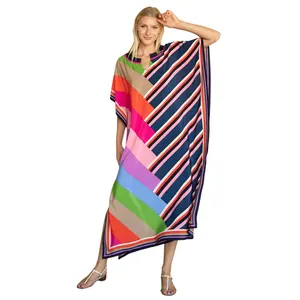 幾何学的なストライププリントマルチカラーパーティーウェアカフタンクルタトップデザイン新着サマービーチ女性のための美しいドレス