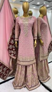 Nouveau Designer Party Wear Faux Georgette lourd brodé avec haut à bordure en dentelle et Sharara avec Dupatta Heavy Indian Wear - Product Image 4