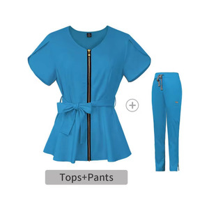 Imprimé gommage costumes ensembles femmes uniformes chirurgicaux à la mode doux extensible infirmière médicale gommage costumes tulipe manches fermeture éclair avant - Product Image 3