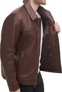 Chaqueta de bombardero de cuero marrón para hombre Abrigo de invierno de calidad con cuello levantado Mejor precio Venta en línea - Product Image 4