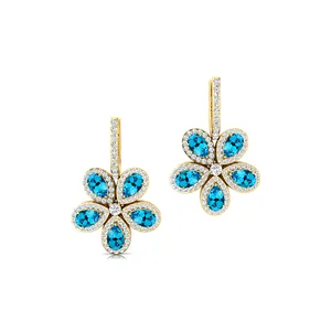 Latest Fashionable 18k Solid Gold Natural Swiss Blue Topaz & Diamonds Flower Design Dangle Drop Earrings For Women Wholesale OEM