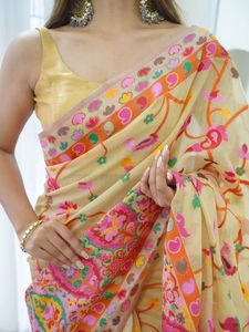 Elegante Saree Tradicional de Lino y Georgette con Estampado Serigrafiado, Suave, Duradero, Sin Arrugas, PINKWEAVE, para Todas las Temporadas, Fiestas y Bodas - Product Image 6