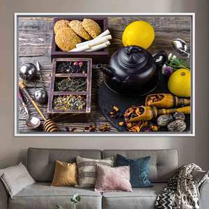 Elegante Lienzo Decorativo para Cocina con Estampado de Limón y Tetera, Lienzo con Marco Blanco - Product Image 1