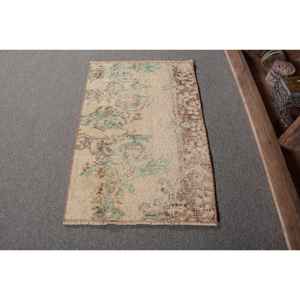 Tapis turc vintage 1.7 X 2.6ft fait à la main en laine bleu beige avec motif abstrait rectangulaire en peluche pour chambre à coucher - Product Image 1