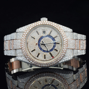 Luxury Iced Out Mens <b>Watch</b> Two Tone Rose Gold Silver Stainless Steel Blue <b>Ring</b> Dial - Product Image 2